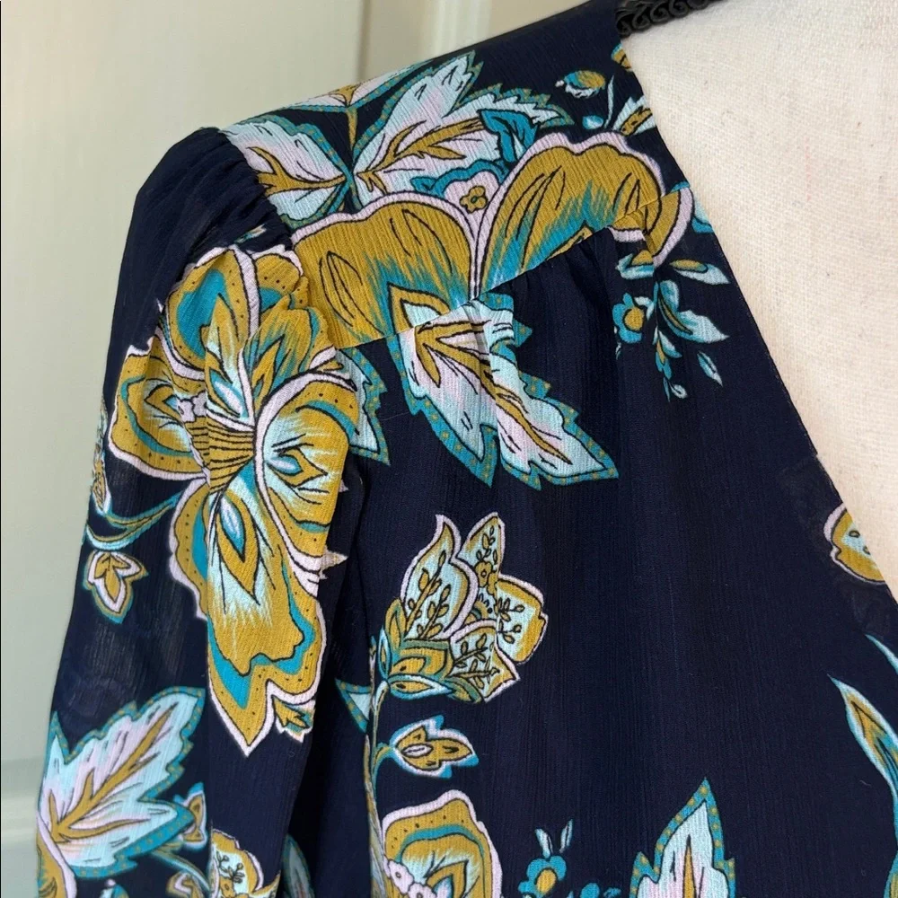 J.Crew Bold Floral Tiered Long Sleeve Flounce Midi Dress Size 8 Navy Blue